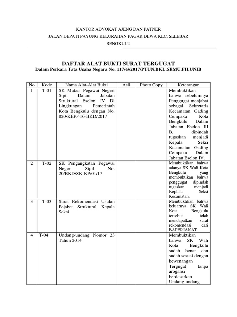Daftar Bukti Surat Tergugat | PDF