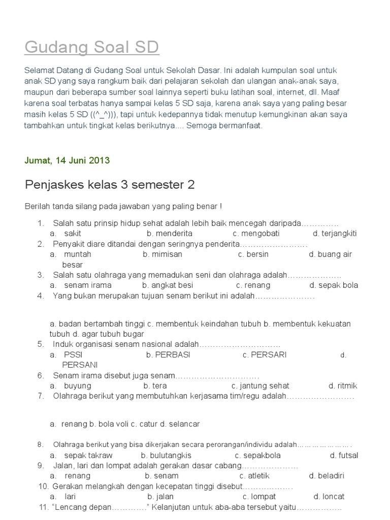 Gudang Soal Sd Penjaskes Kelas 3 Semester 2