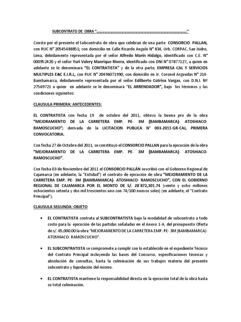Subcontrato de Obra Imprimir | PDF | Póliza de seguros | Seguro
