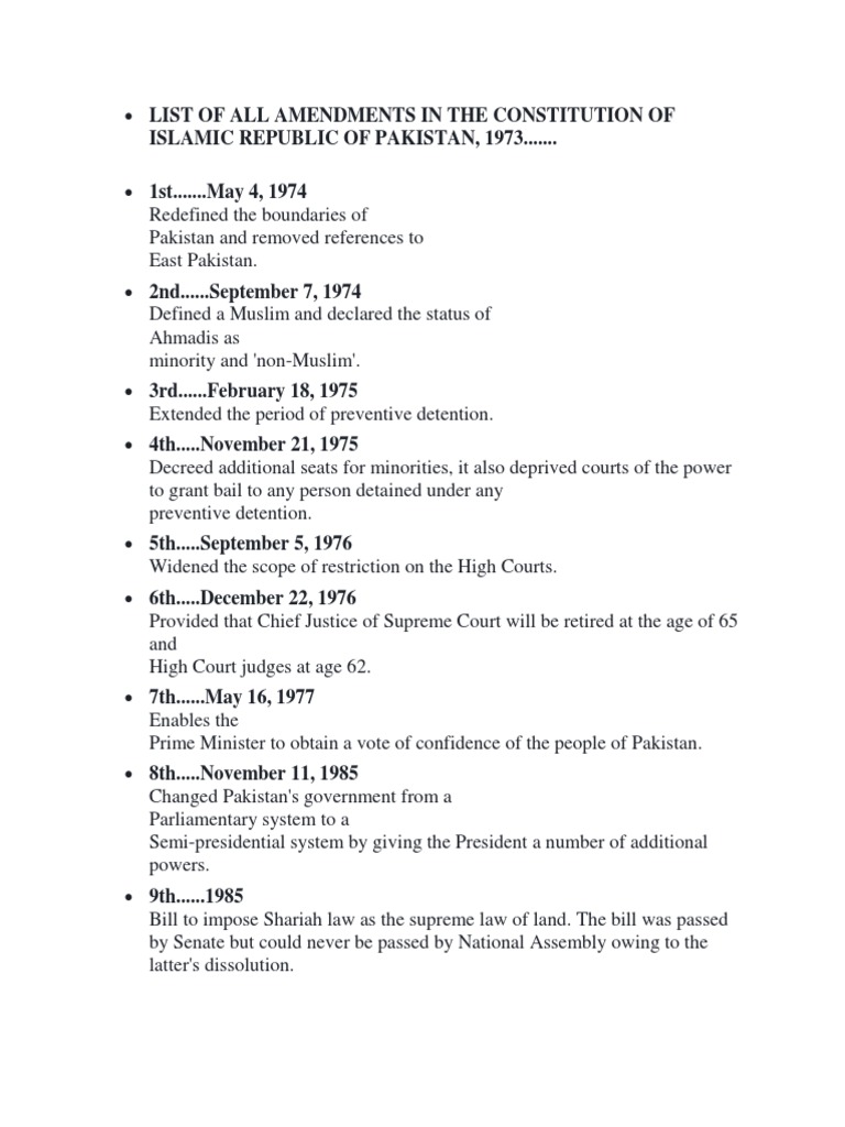 LIST OF ALL AMENDMENTS IN THE CONSTITUTION OF ISLAMIC REPUBLIC OF ...