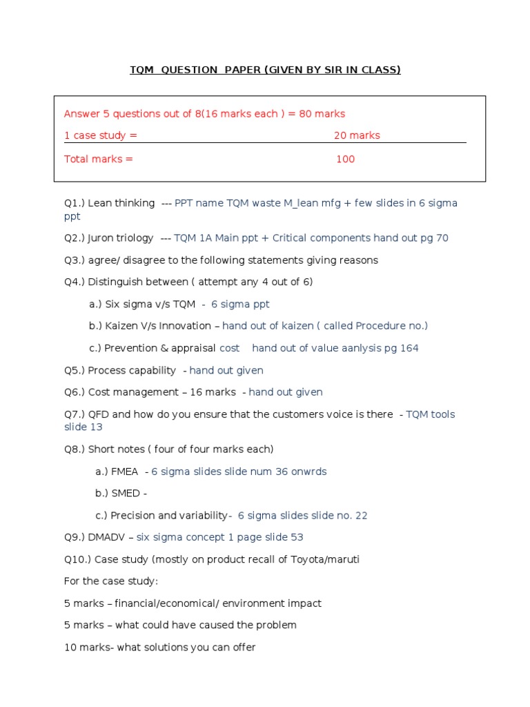 TQM Exam Questions and Case Study Guide | PDF | Teaching Methods ...