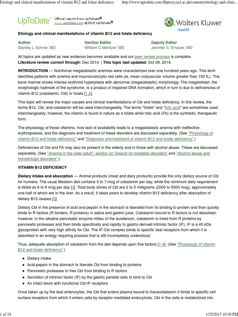 Etiology and Clinical Manifestations of Vitamin B12 and Folate