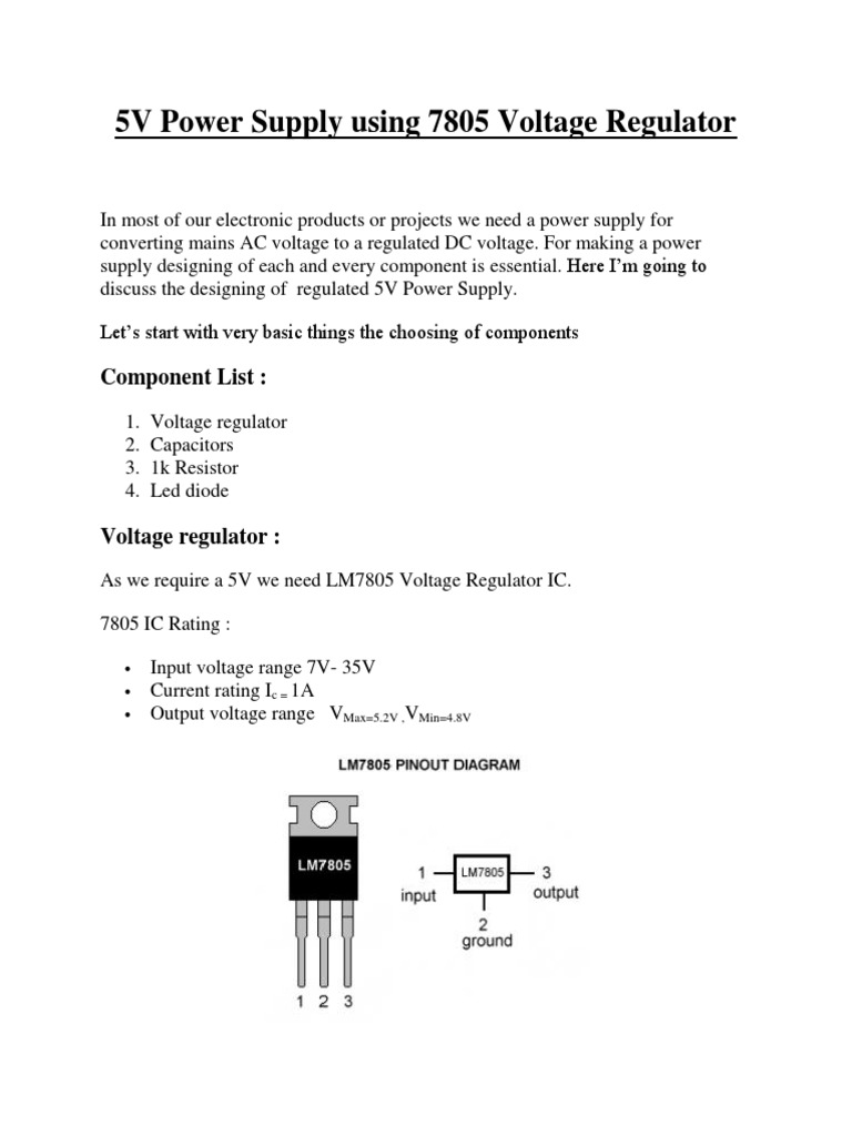 5V Power Supply Design with 7805 IC | PDF | Power Supply | Capacitor