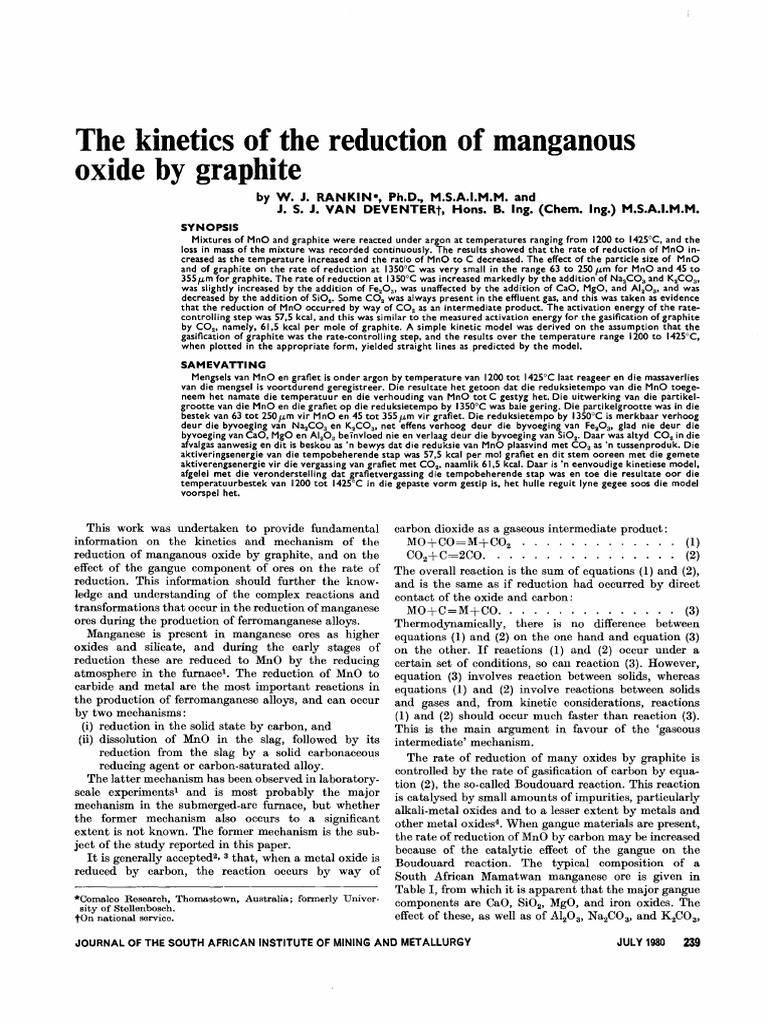 The Kinetics of The Reduction of Manganous Oxide by Graphite | PDF ...