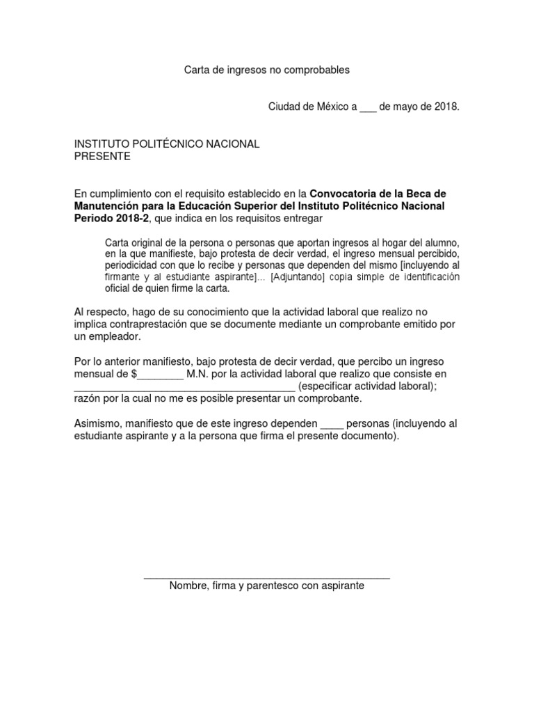 Carta Ingresos No Comprobables | PDF
