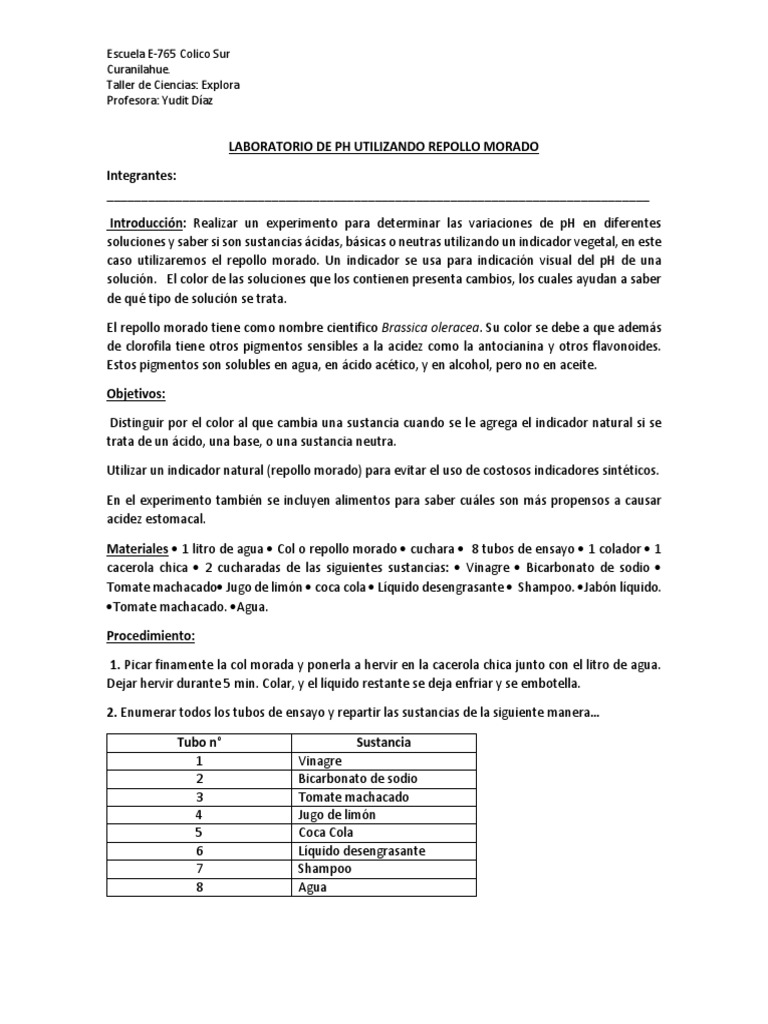 Laboratorio de PH Utilizando Repollo Morado | PDF | Repollo | Ácido
