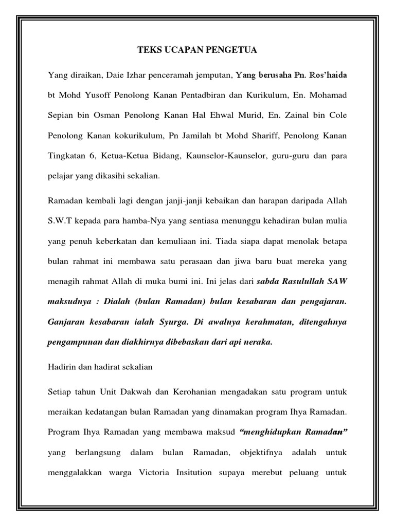 Teks Ucapan Pengetua Program Ihya Ramadan