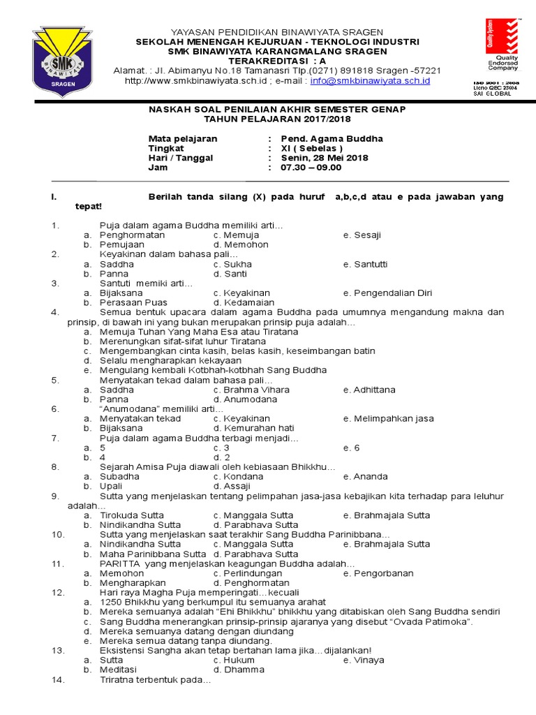 Soal Agama Buddha Xi Sma Smk