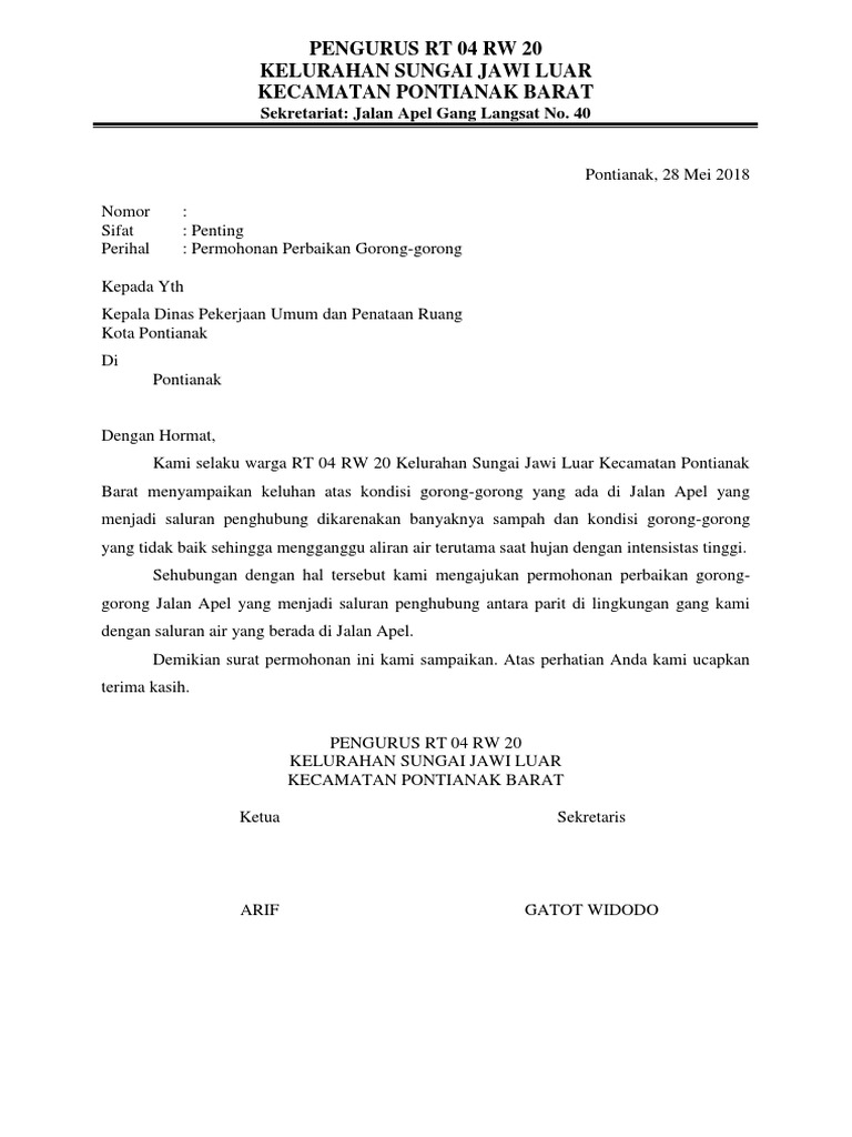 Surat Permohonan Perbaikan Gorong Gorong Pdf