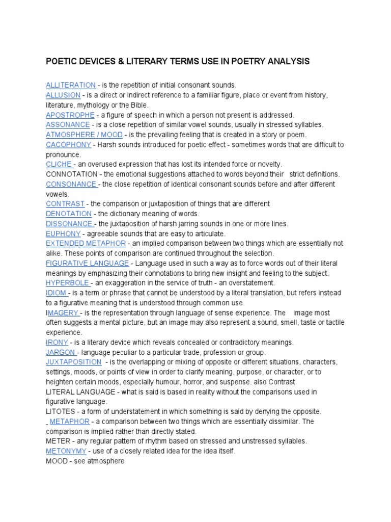 Poetic Devices Literary Terms Used in Poetry Analysis PDF Syllable