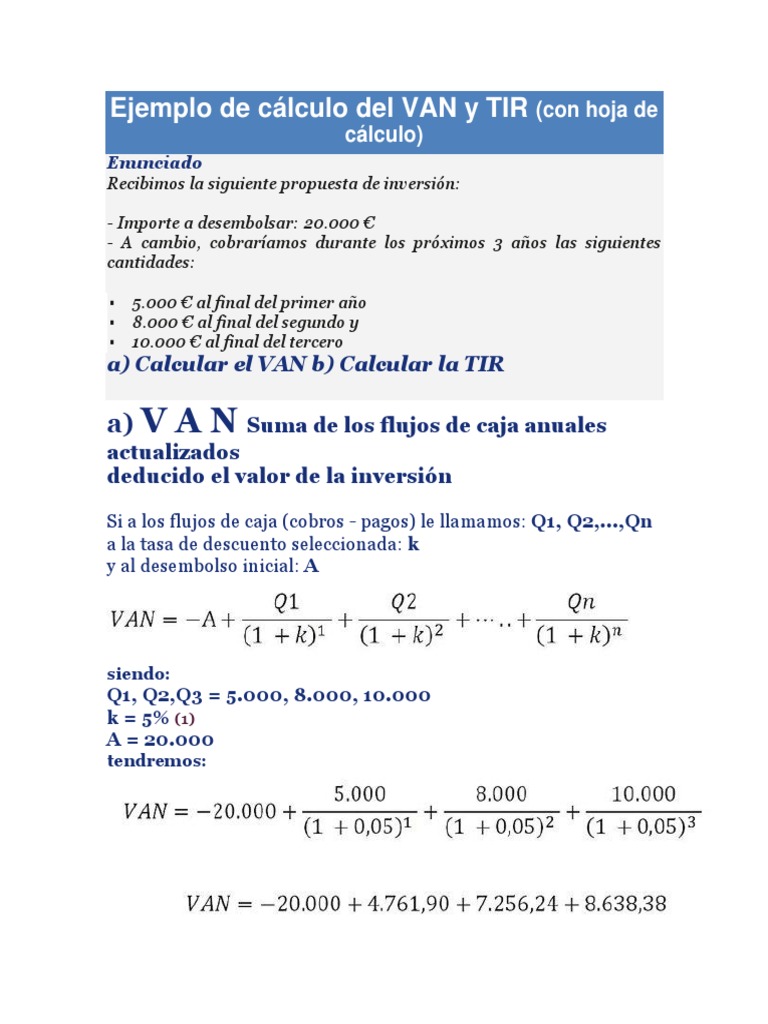 Ejemplo De C lculo Del VAN Y TIR Hoja De C lculo Calculadora