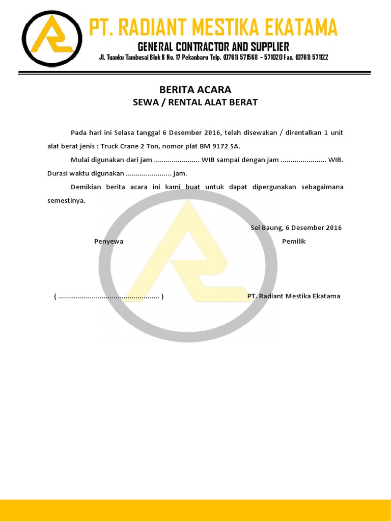 Berita Acara Sewa Alat Berat | PDF