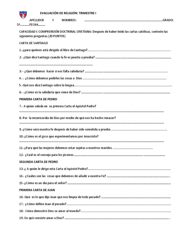 EVALUACIÓN DE RELIGIÓN Quinto Grado A, C D F PDF Cristo (título