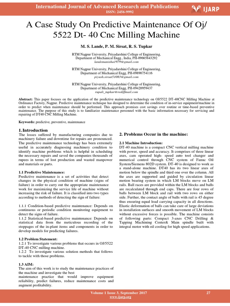 A Case Study On Predictive Maintenance Of Oj 5522 Dt 40 Cnc Milling Machine Numerical Control Bearing Mechanical
