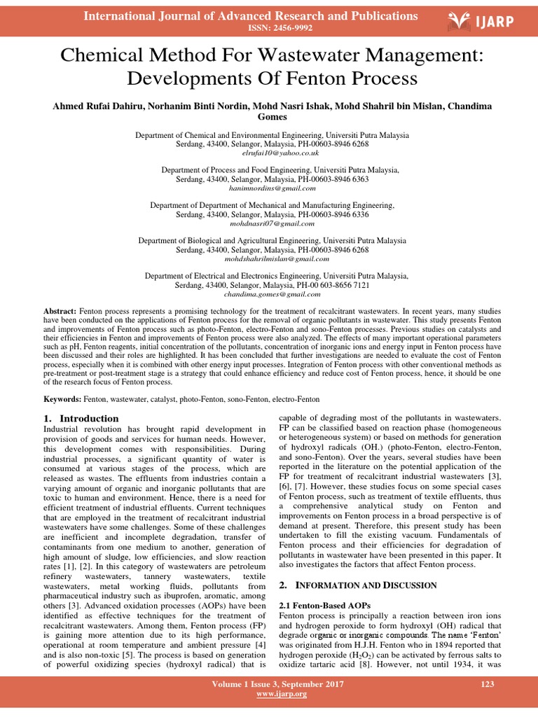 Chemical Method For Wastewater Management Developments of Fenton ...