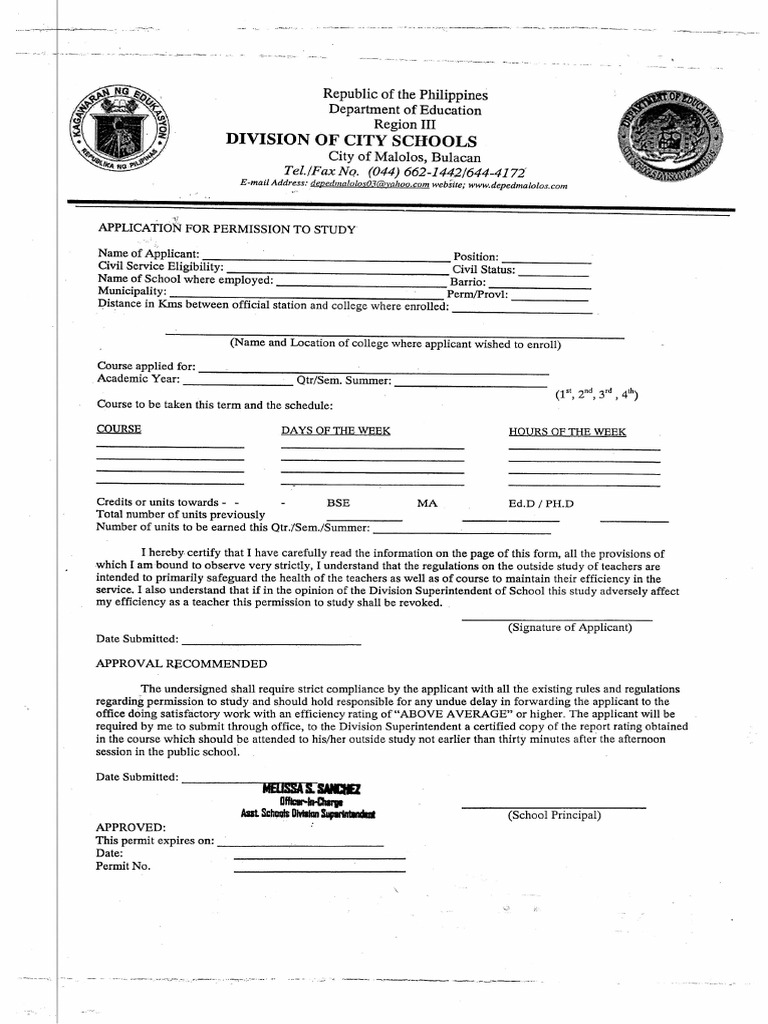 Permit To Study For Elementary and Secondary Teachers Division School