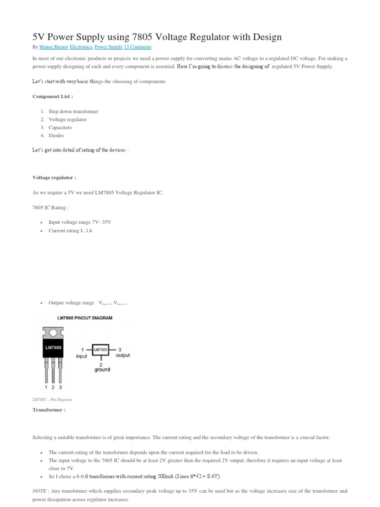 5V Power Supply Using 7805 Voltage Regulator With Design | PDF