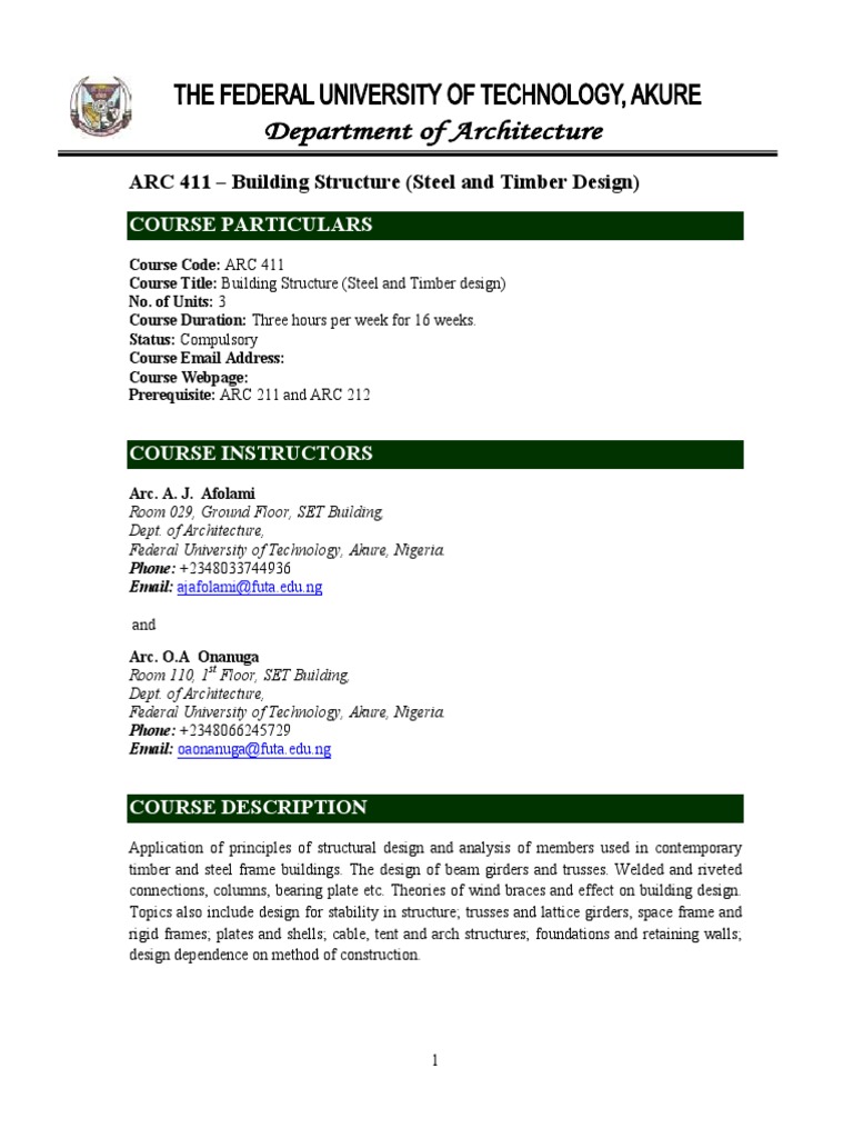 ARC 411 - Building Structure (Steel and Timber Design) : Course ...