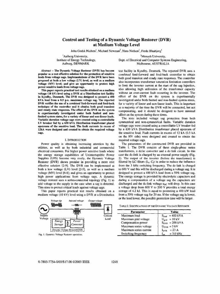 Control and Testing of A Dynamic Voltage Restorer (DVR) at Medium ...