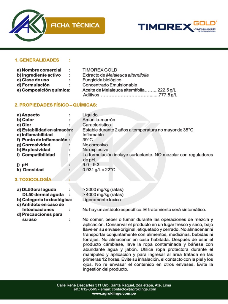 Ficha técnica de Timorex Gold, fungicida biológico a base de aceite de ...