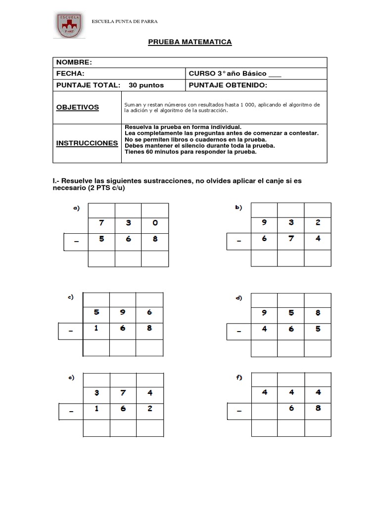 Prueba Sumas y Restas Con Reserva | PDF