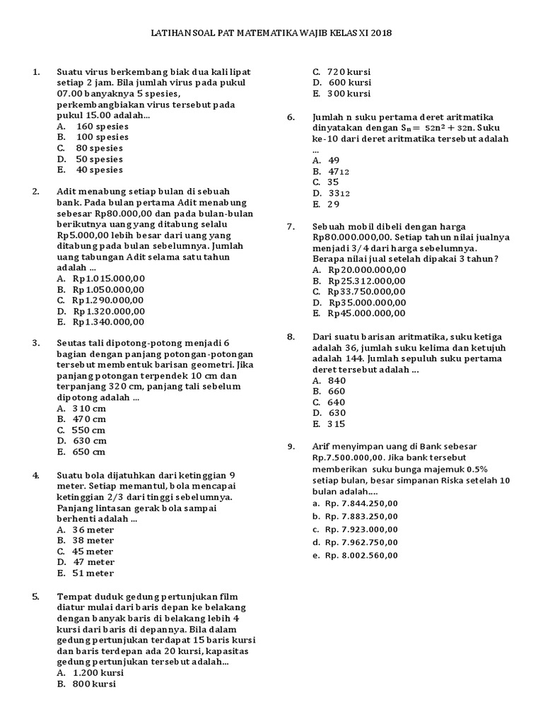 Latihan Soal Pat Matematika Wajib Kelas Xi 2018 Pdf