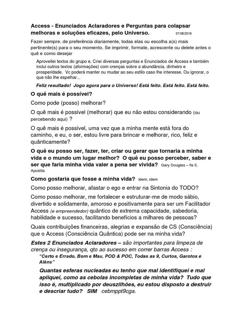 ACCESS Enunciados Aclaradores e Perguntas. PDF Imagem Consciência