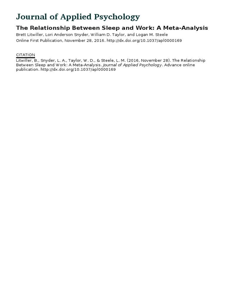 The Relationship Between Sleep and Work - A Meta-Analysis | PDF | Sleep ...
