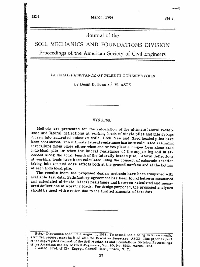 ASCE - Lateral Resistance of Piles in Cohesive Soils - March 1964 - by ...