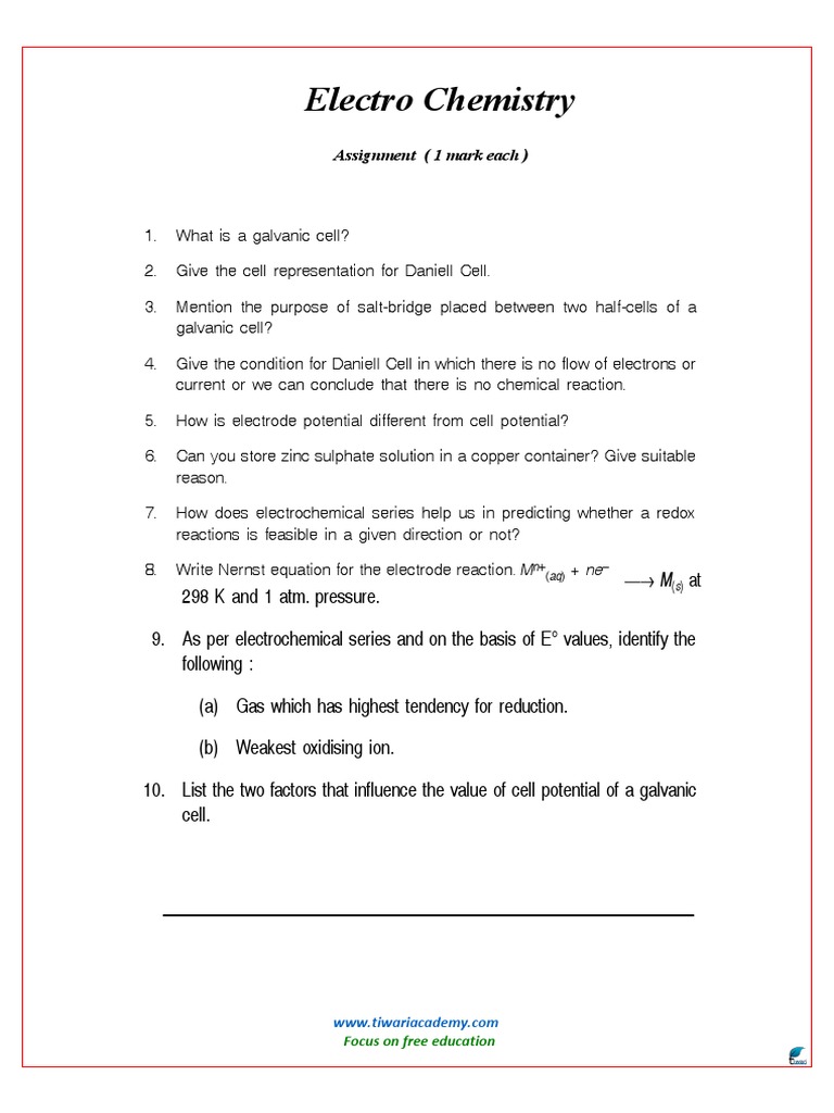 Assignment of Electrochemistry PDF Electrochemistry Redox