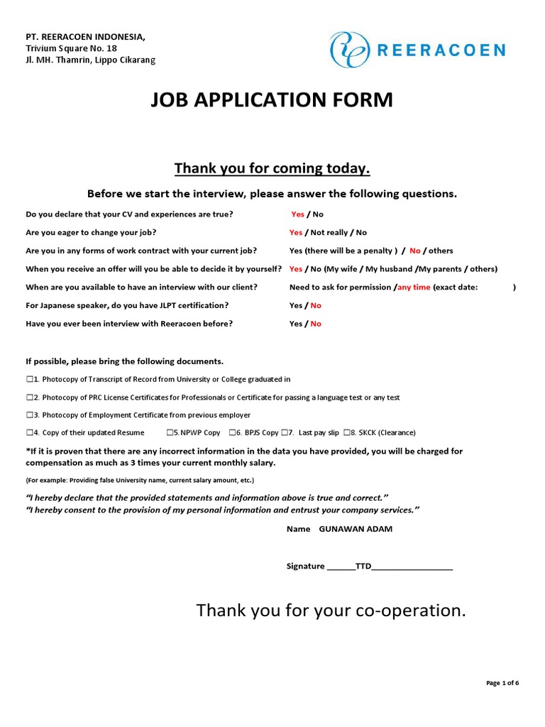 PT. Reeracoen Indonesia - Job Application Form | PDF | Employment ...
