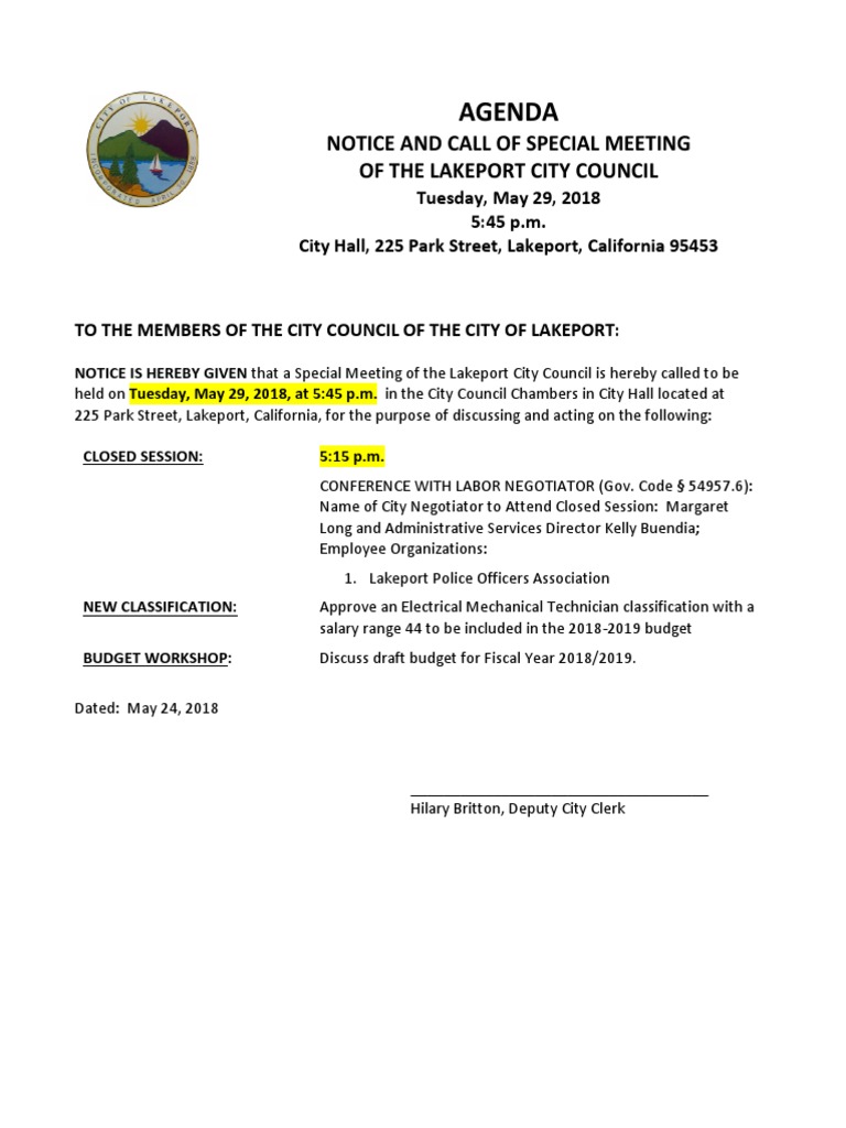 Agenda Notice and Call of Special Meeting of The Lakeport City Council