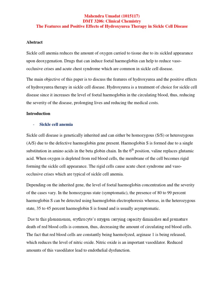 Hydroxyurea For Sickle Cell Disease | PDF | Dose (Biochemistry) | Chemistry