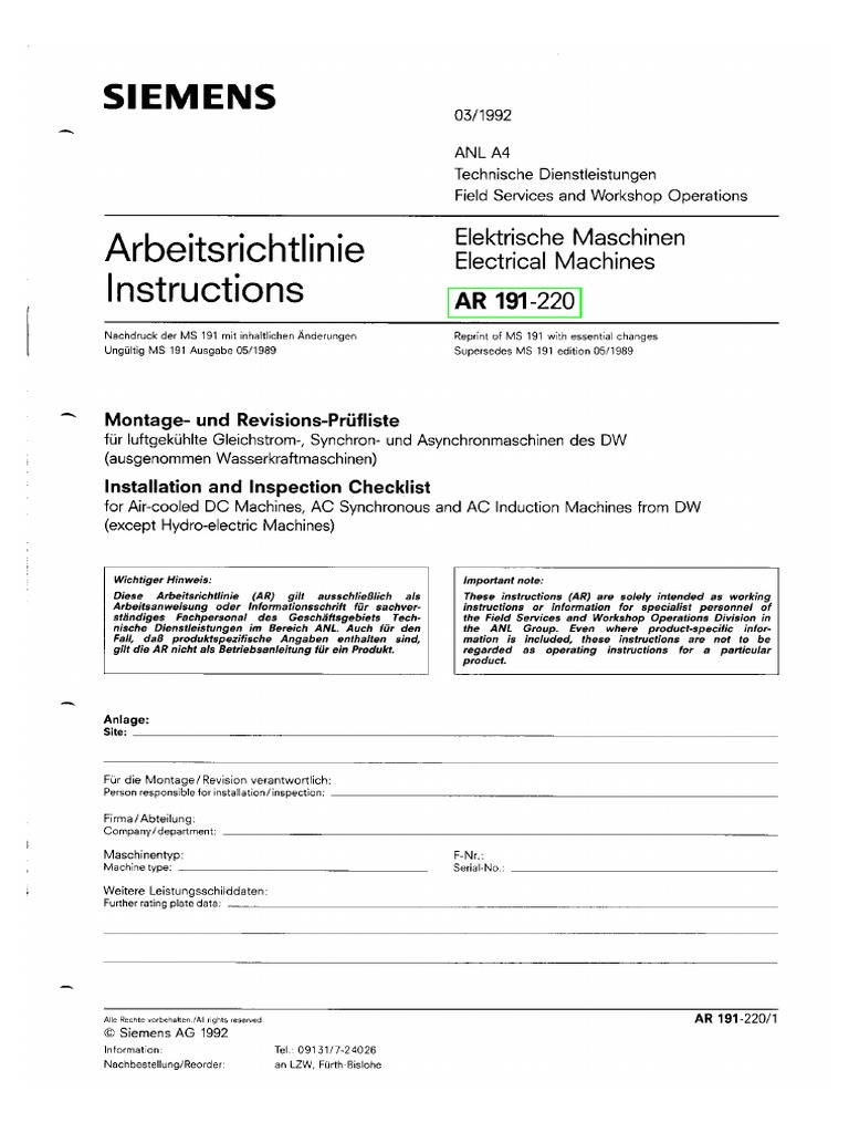 AR191220 SIEMENS Installation and Inspection Checklist of Electrical ...