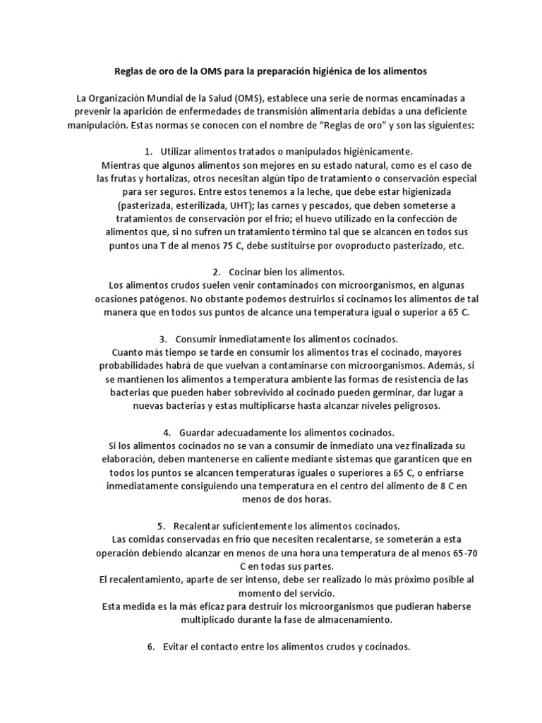 Reglas de Oro de La OMS para La Preparación Higiénica de Los Alimentos ...