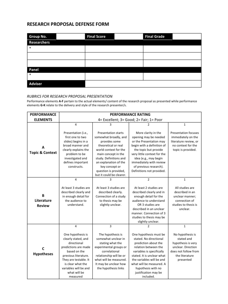 Research Proposal Defense Rubric Guide | PDF | Hypothesis | Statistical ...