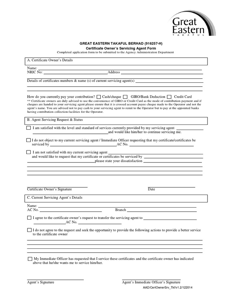 Certificate Owner Servicing Agent Form | PDF | Cheque | Payments
