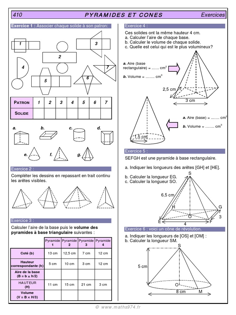 Pyramide Et Cône De Révolution 4ème Exercices Corrigés Pdf 410 Exercices | PDF | Angle | Cercle