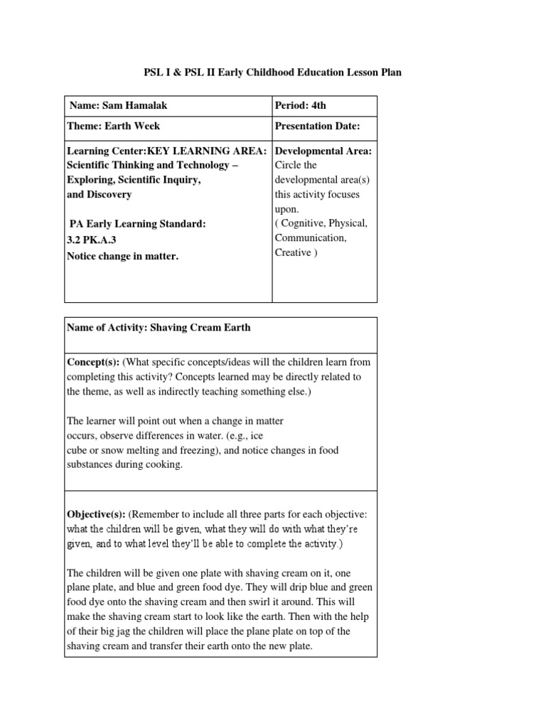 PSL I PSL II Early Childhood Education Lesson Plan 2 PDF Lesson
