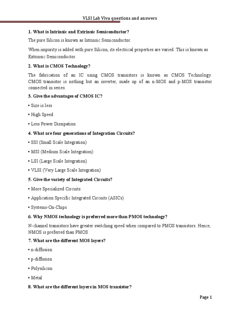 VLSI Lab Viva Questions and Answers 1 PDF Mosfet Cmos