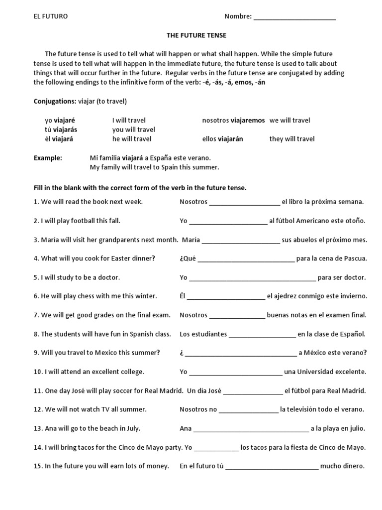 Spanish Future Tense Worksheet PDF Morphology Cognitive Science