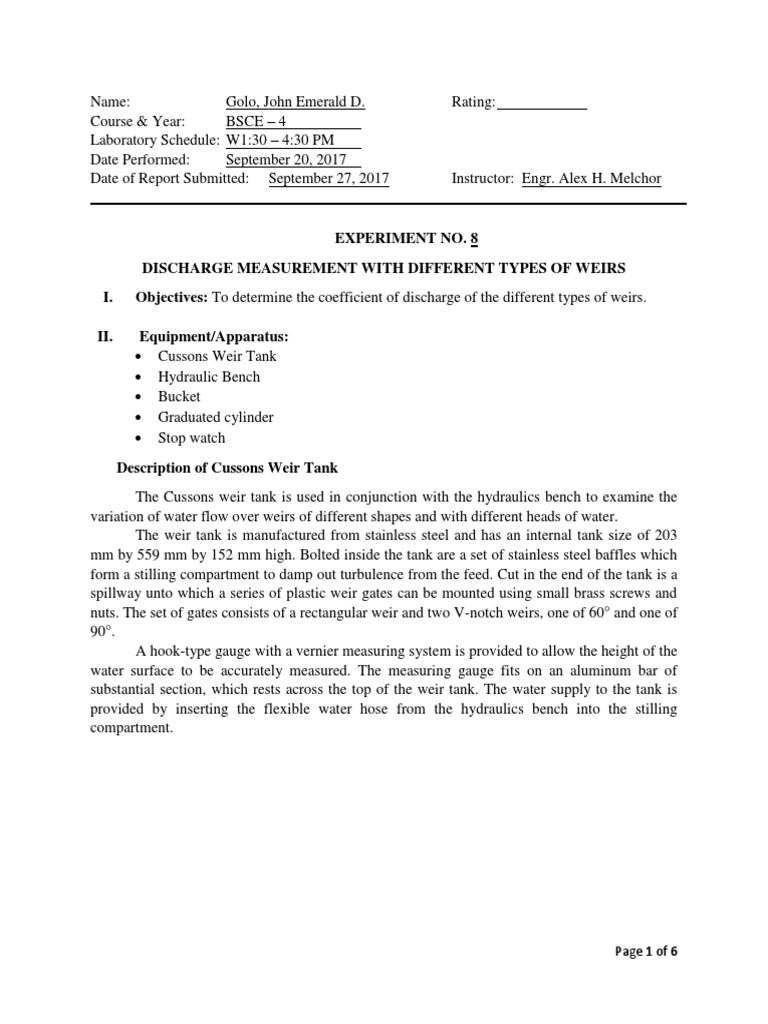 Experiment No. 8 PDF Fluid Dynamics Discharge (Hydrology)