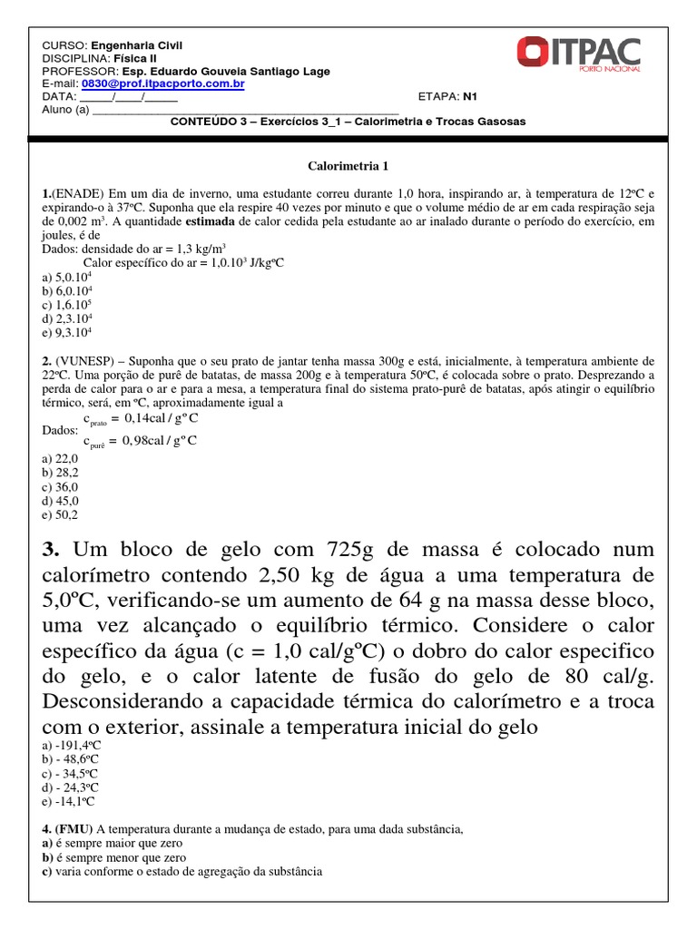 Exercícios de Calorimetria e Temperatura | PDF | Transferência de calor ...
