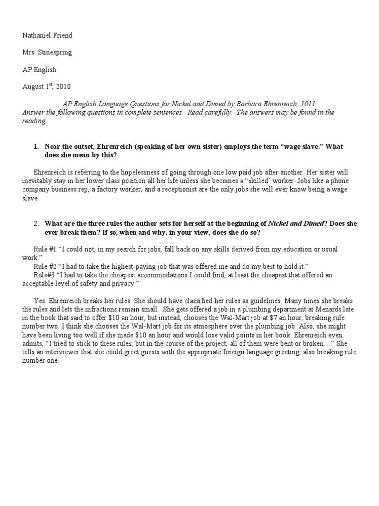 Answers For Nickel and Dimed by Barbara Ehrenreich PDF Working Poor Poverty & Homelessness