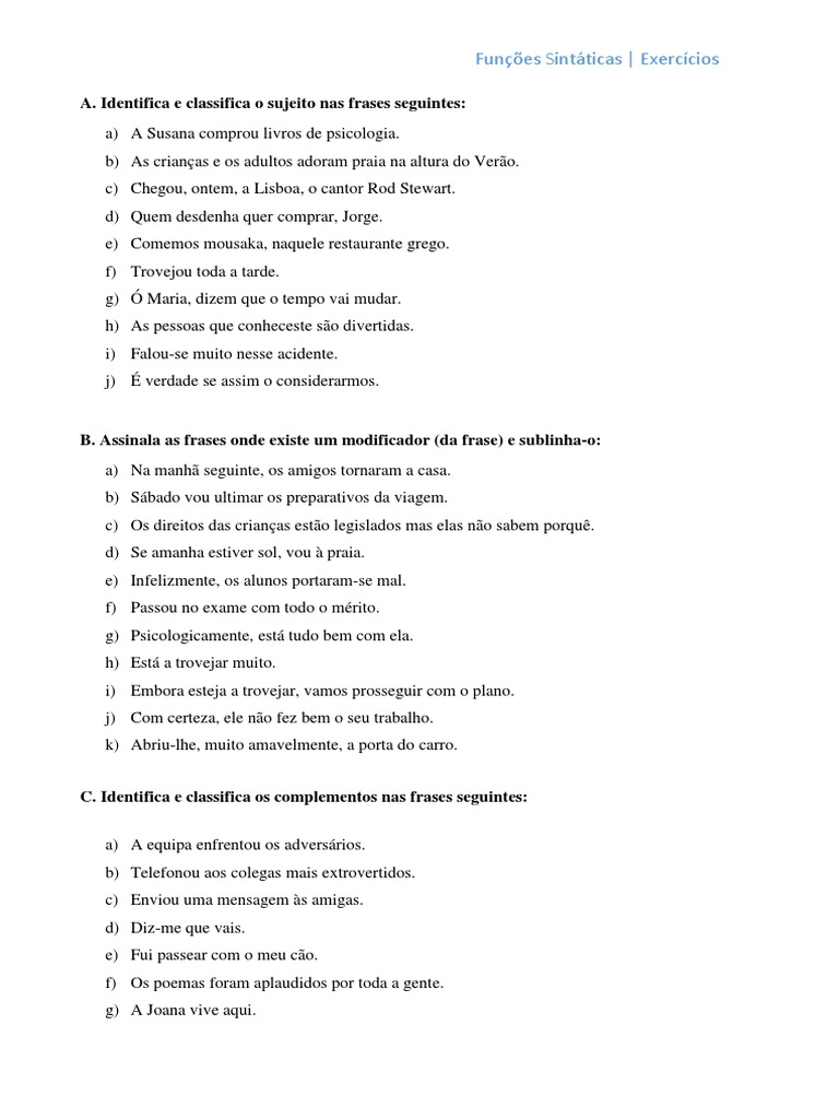 Funções Sintáticas Exercicios Pdf