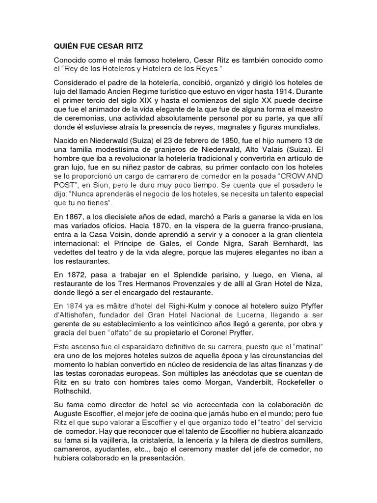 Biografía de César Ritz, Rey de Hoteleros | PDF | Turismo | Transporte ...