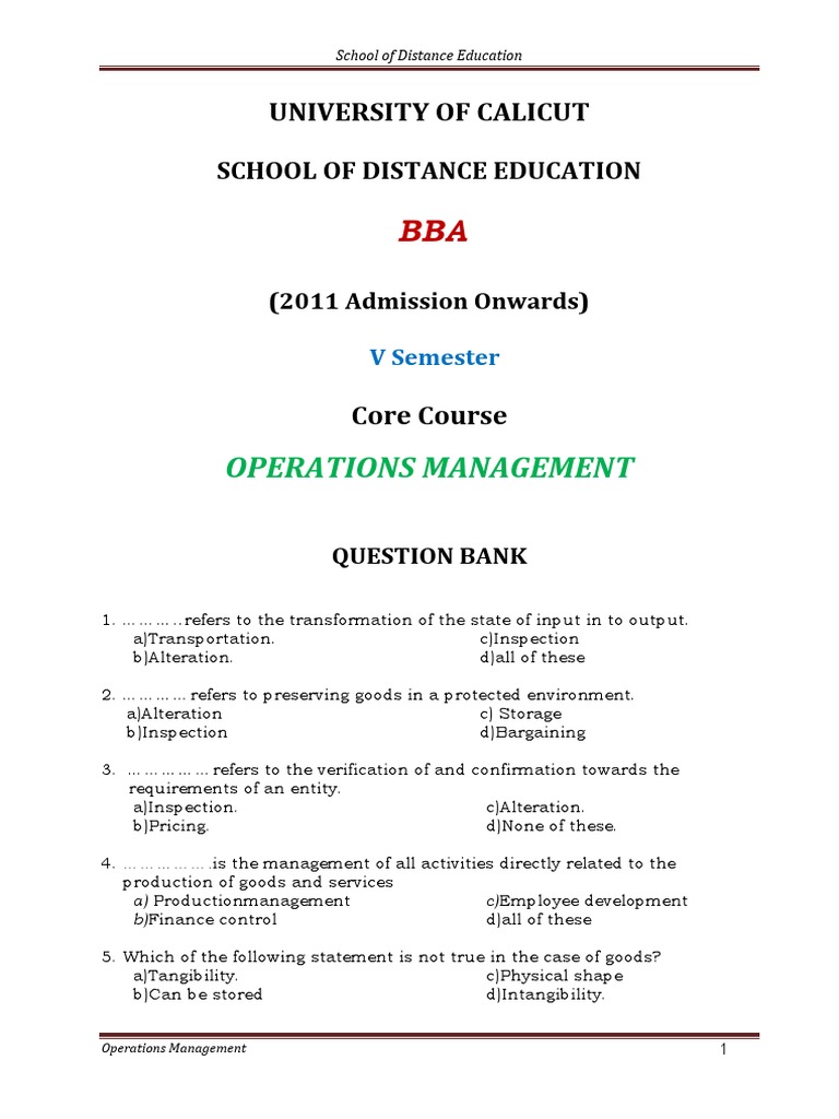 QB BBA Operations Management | PDF | Operations Management | Quality ...