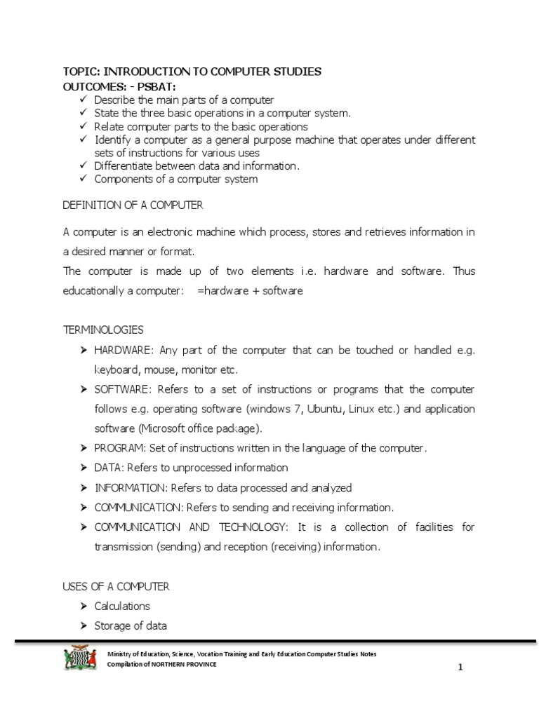 Grade 8 Computer Studies Notes | Computer Data Storage | Input/Output