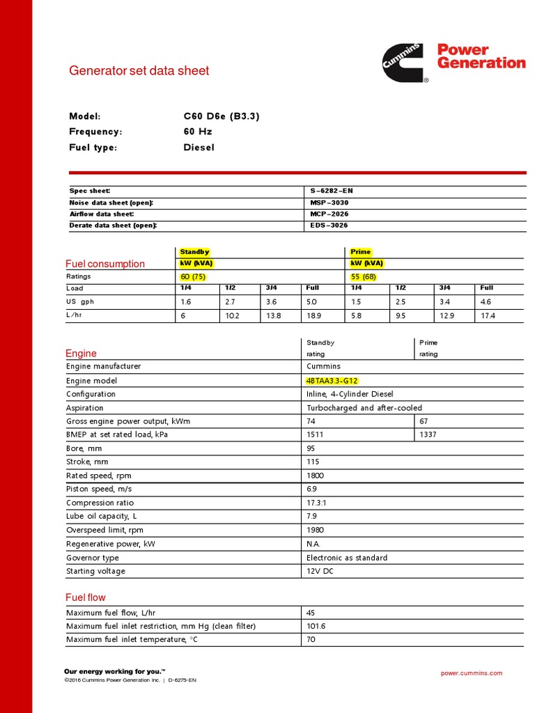 Generator set data sheet Model Frequency Fuel type C60 D6e (B3.3