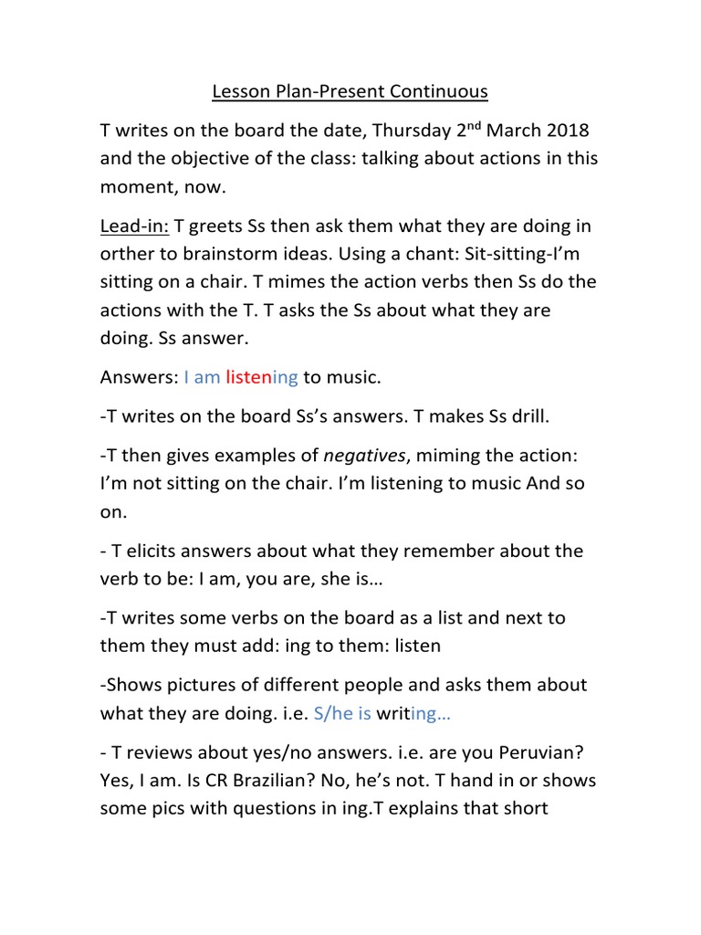 Present Continuous Lesson Plan | PDF